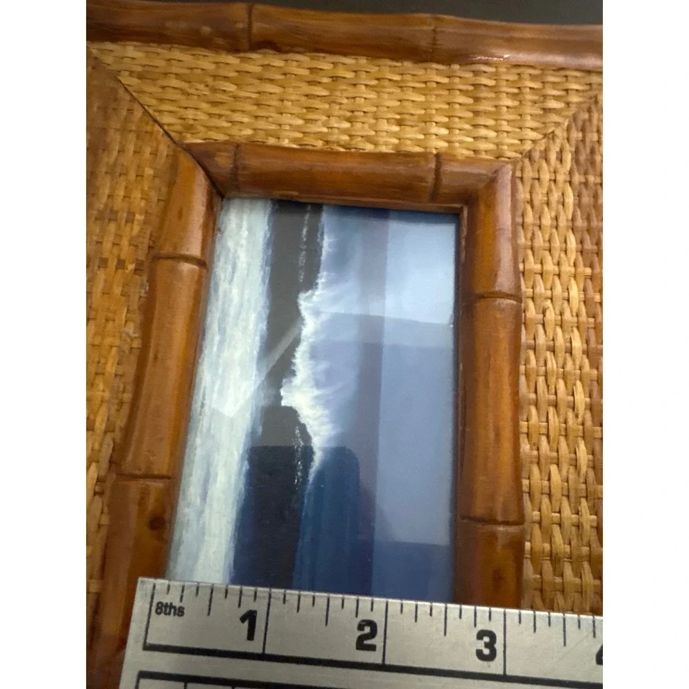 Vintage Bamboo Style Wood and Woven Rattan 4x6 Picture Frames Set of 2 Coastal